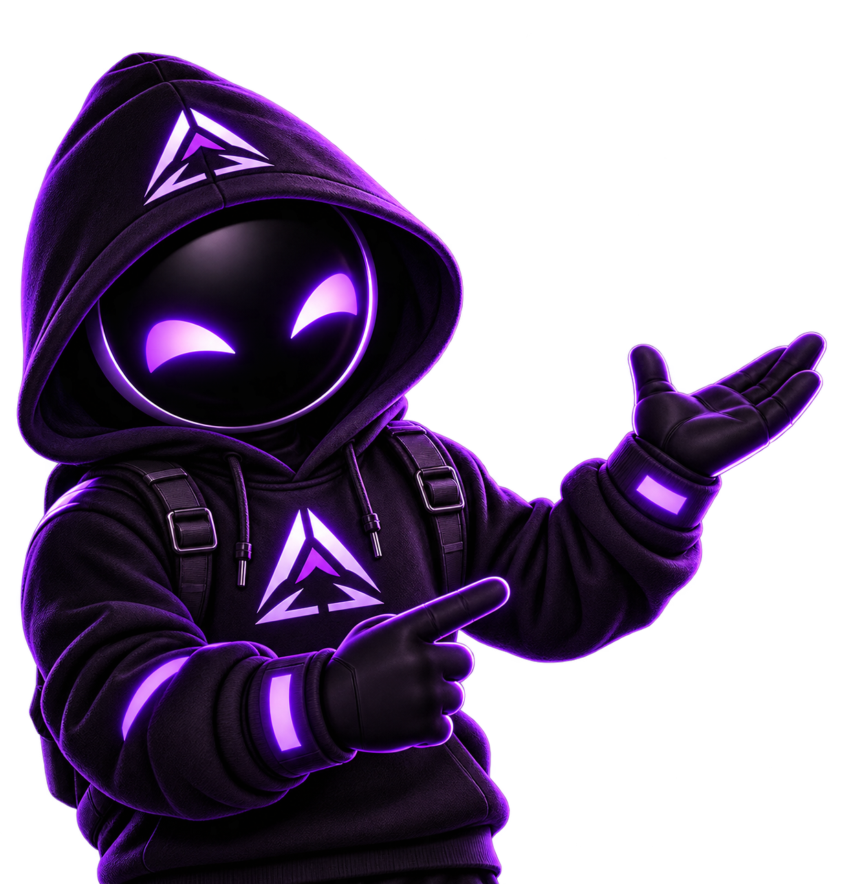 Mascote StudyVoid de capuz roxo, sorrindo e apresentando seu espaço de estudos